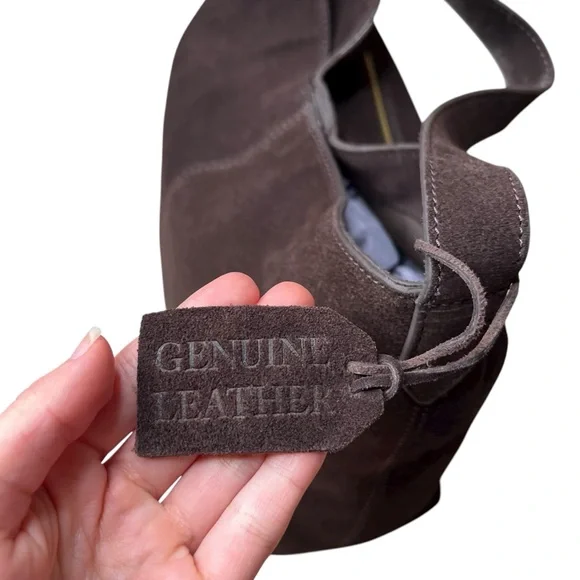 Chocolate Brown 100% Genuine Suede Leather Slouchy Hobo Bag Gold Buckle Strap - Picture 12 of 16